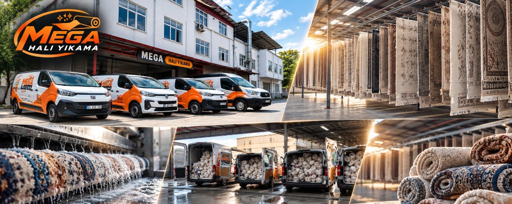 Samsun Tekkeköy'deki Mega Halı Yıkama tesisi, servis araçları ve halı yıkama hattı
